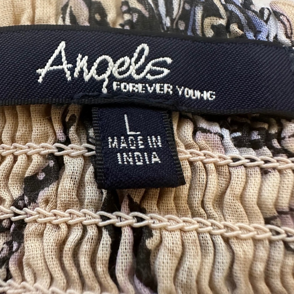 Angels Forever Young Top Women L Beige Floral Paisley Smocked Tie Strap Babydoll - Picture 6 of 9